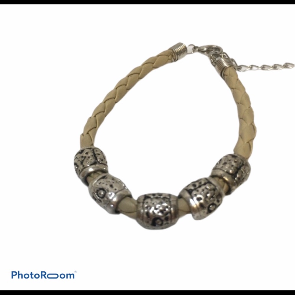 Trenz Tan Faux Leather, silver Beads Bracelet New